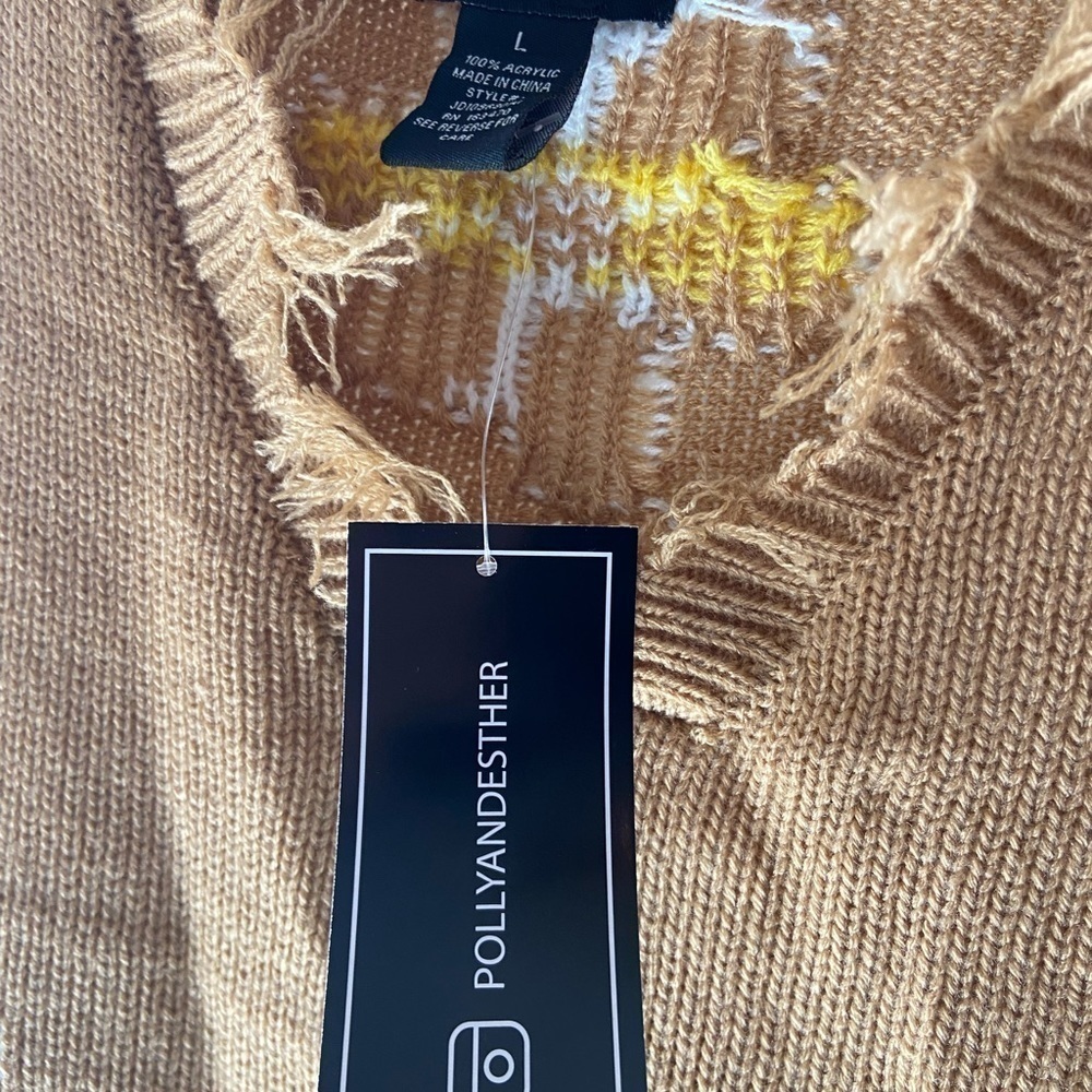 Just Polly‎ tan flowers sweater women's size Large - Picture 3 of 8